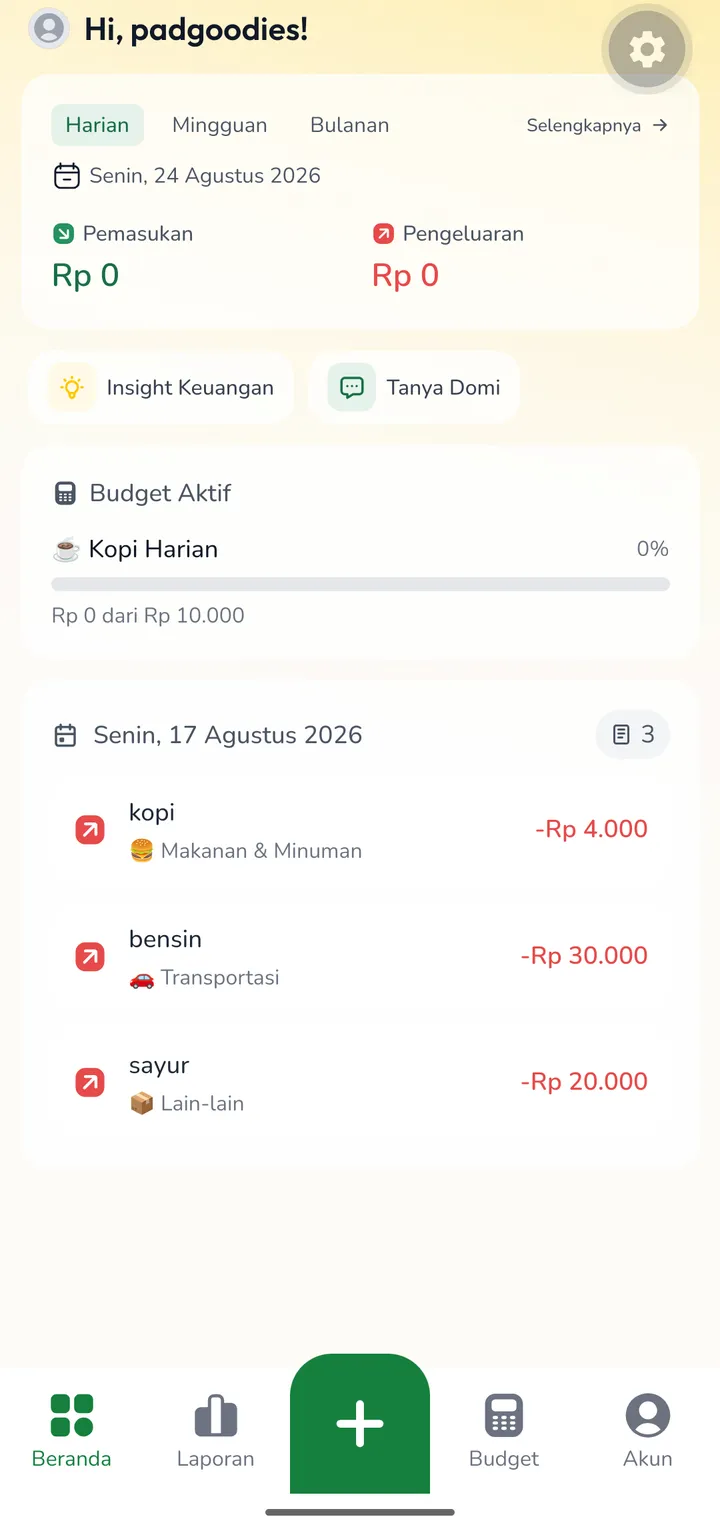 Beranda Domi: ringkasan harian, budget aktif, dan daftar transaksi terakhir