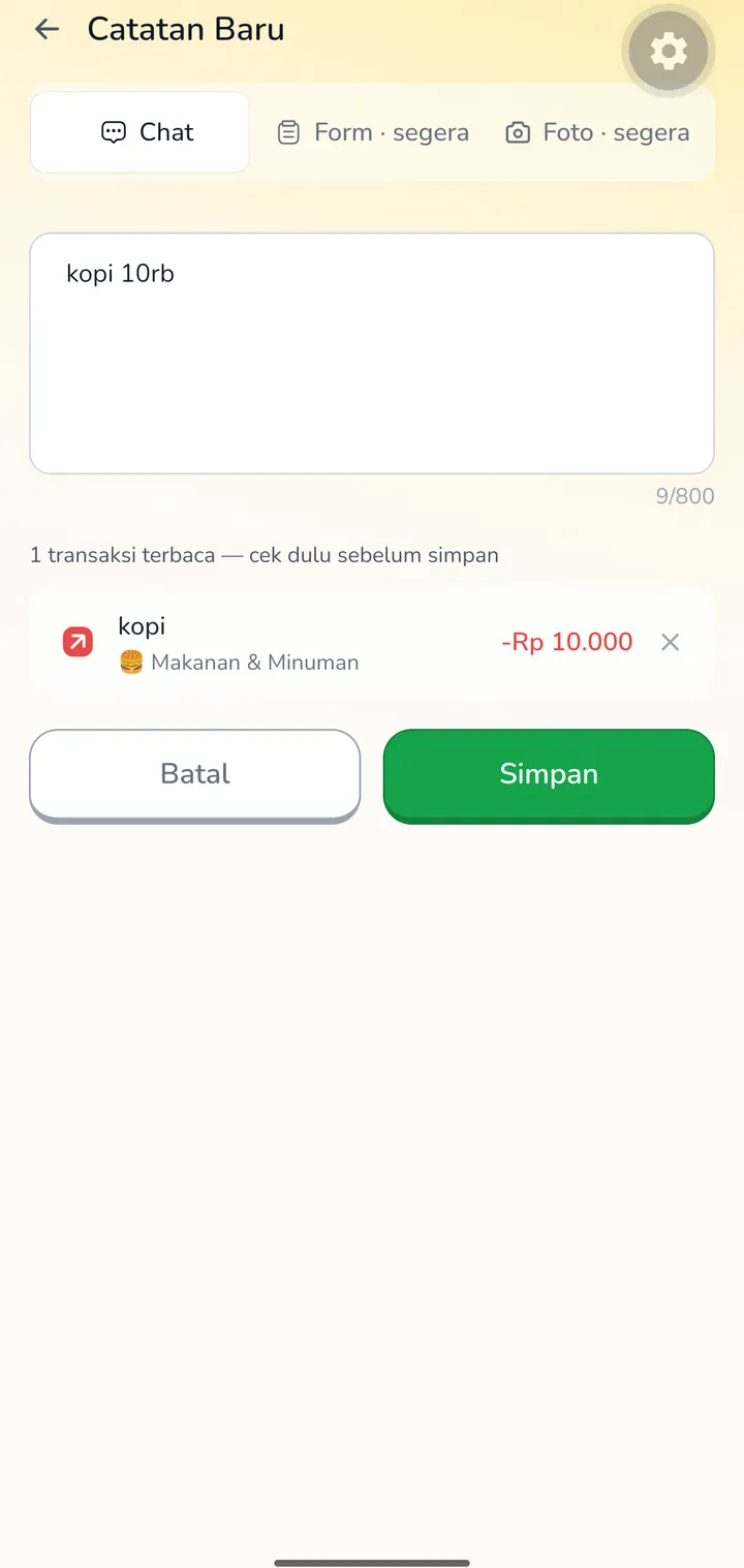Layar Catat: ‘kopi 10rb’ terbaca jadi transaksi Rp10.000 kategori Makanan & Minuman