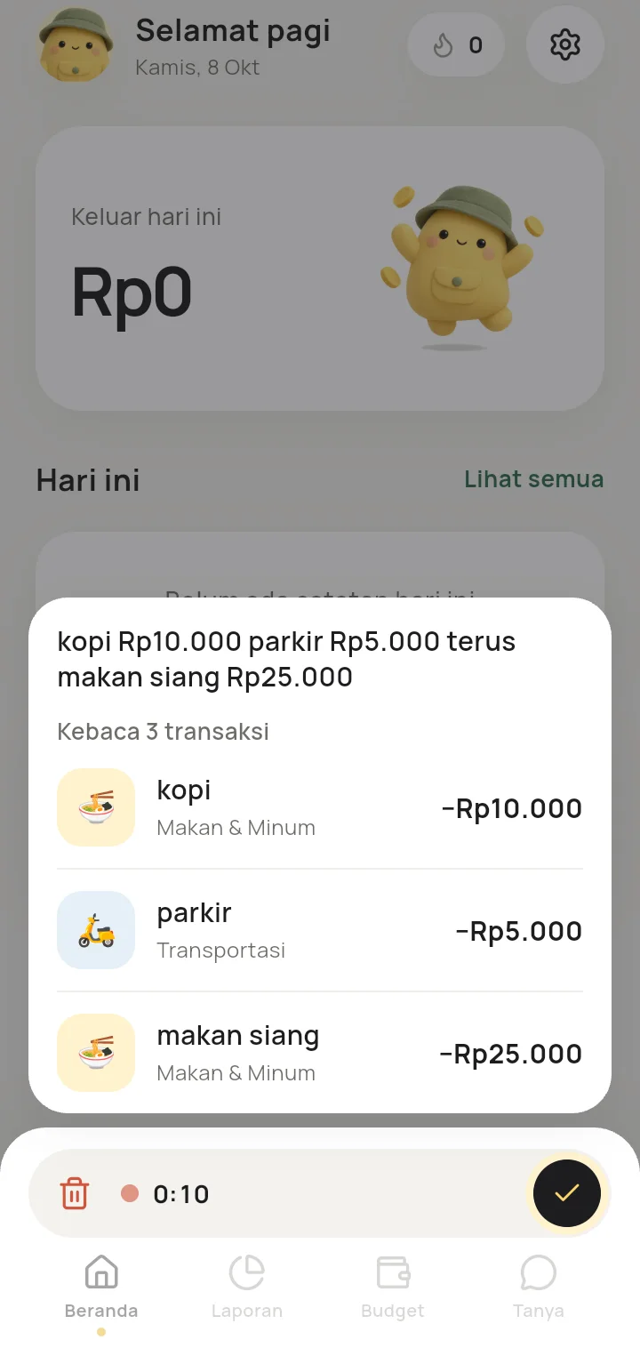 Catat pakai suara: ucapan kebaca jadi 3 transaksi
